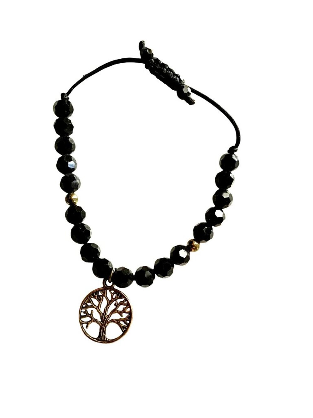 WOMENS BLACK BEADS AND TREE OF LIFE CHARM ADJUSTABLE BRACELET